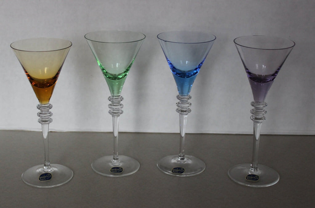 Set of 4 Colorful Bohemian Crystal Brandy Glasses Blue Purple Green Gold