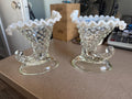 Vintage Pair of Fenton Opalescent Hobnail Moonstone Ruffle Top Horn Vases