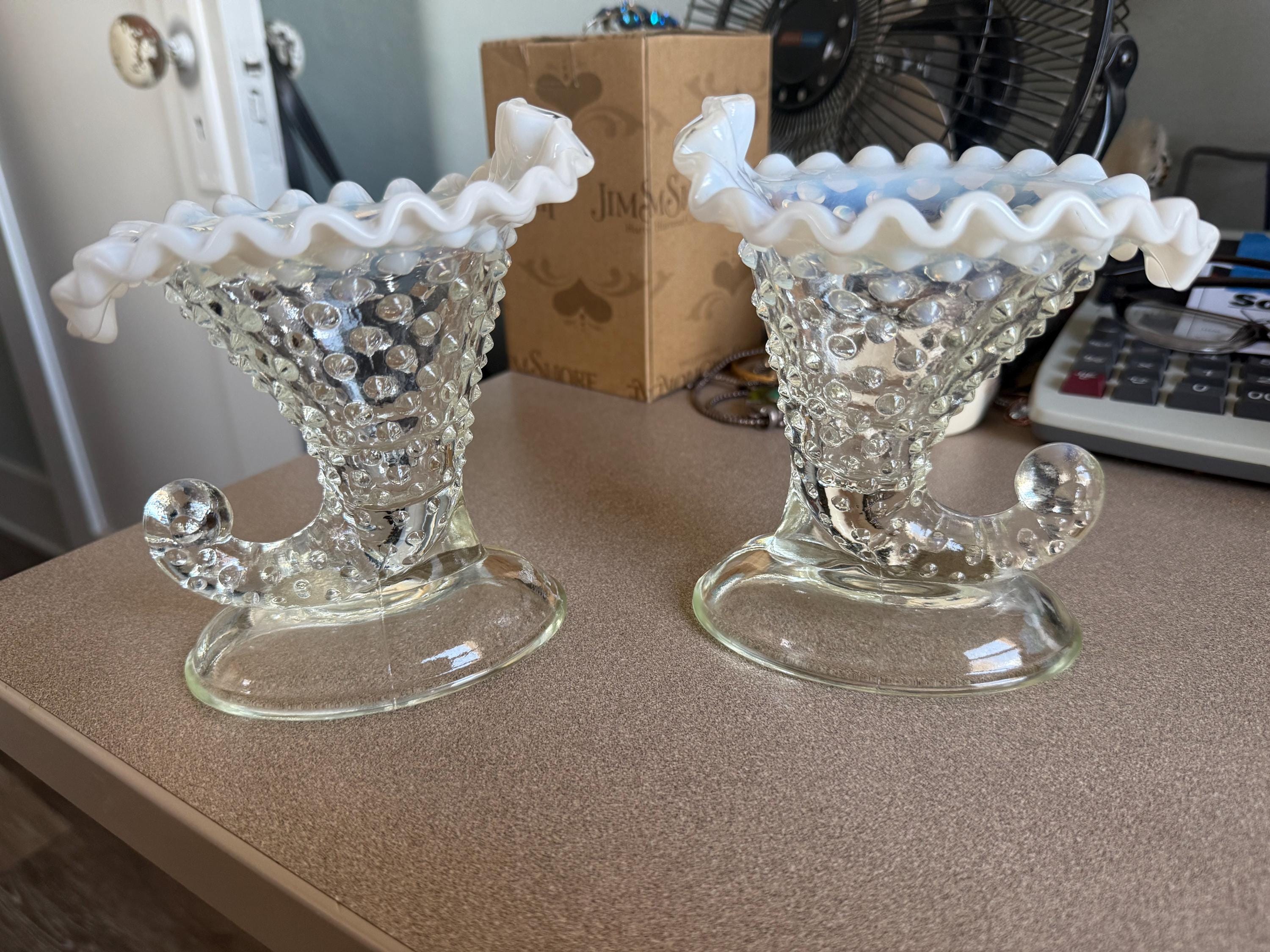 Vintage Pair of Fenton Opalescent Hobnail Moonstone Ruffle Top Horn Vases