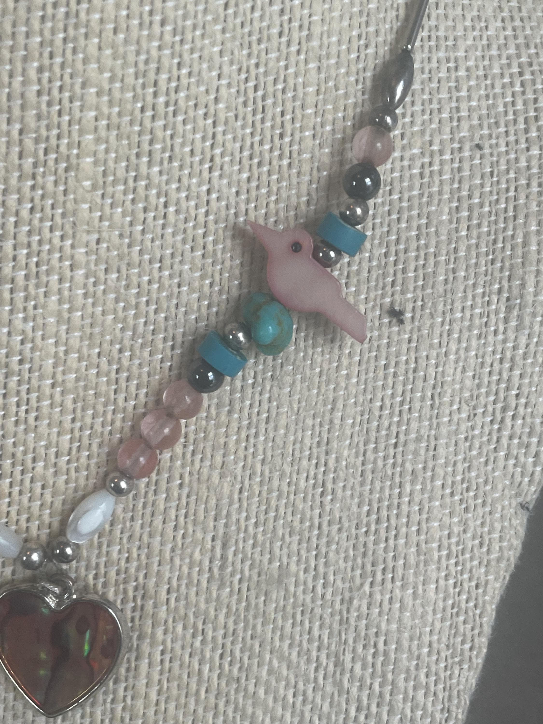 Vintage Sterling Silver Beaded Abalone Carved Birds Fetish Necklace With Heart Pendant