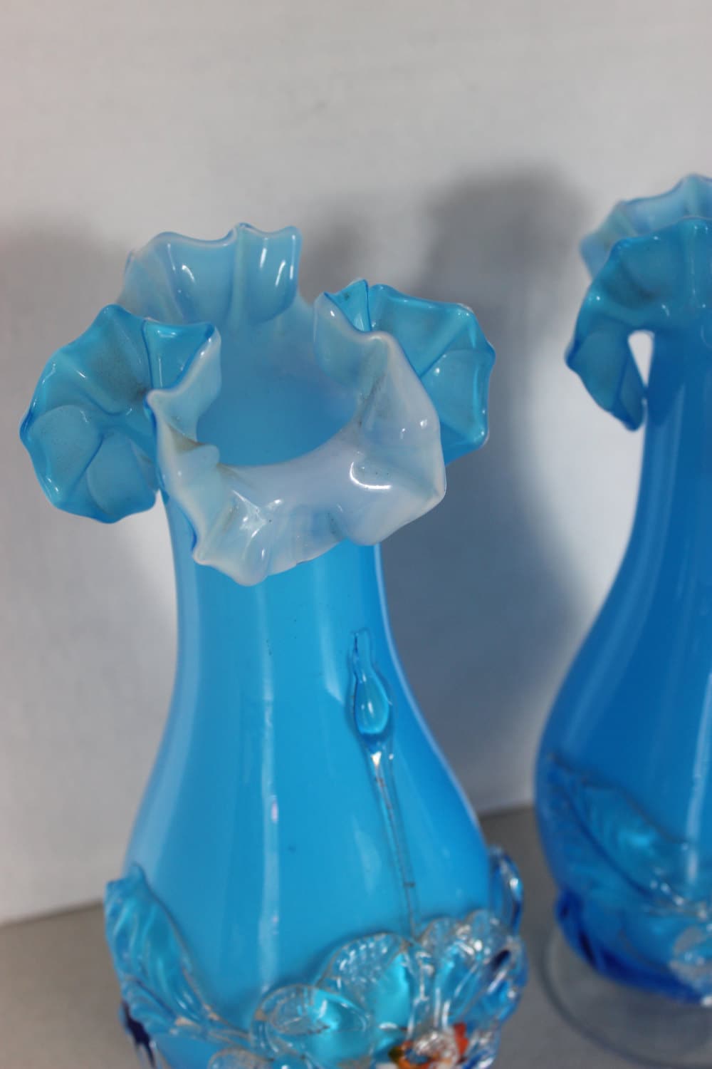 Rare Vintage Pair of Blue Stevens & Williams Hand Blown Vases w Ruffle Tops