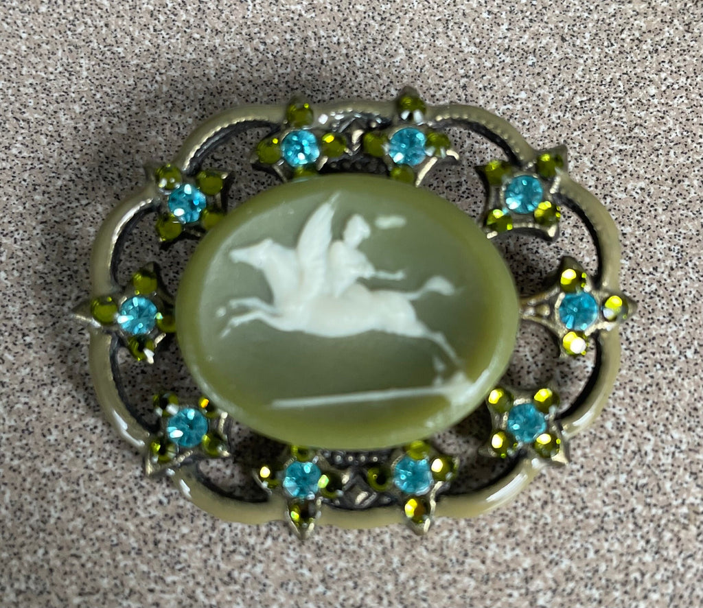 Unique Green Enameled Pegasus Horse Cameo Brooch Pin Artist Signed Anne Koplik Designs with Blue Rhinestones