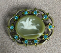Unique Green Enameled Pegasus Horse Cameo Brooch Pin Artist Signed Anne Koplik Designs with Blue Rhinestones