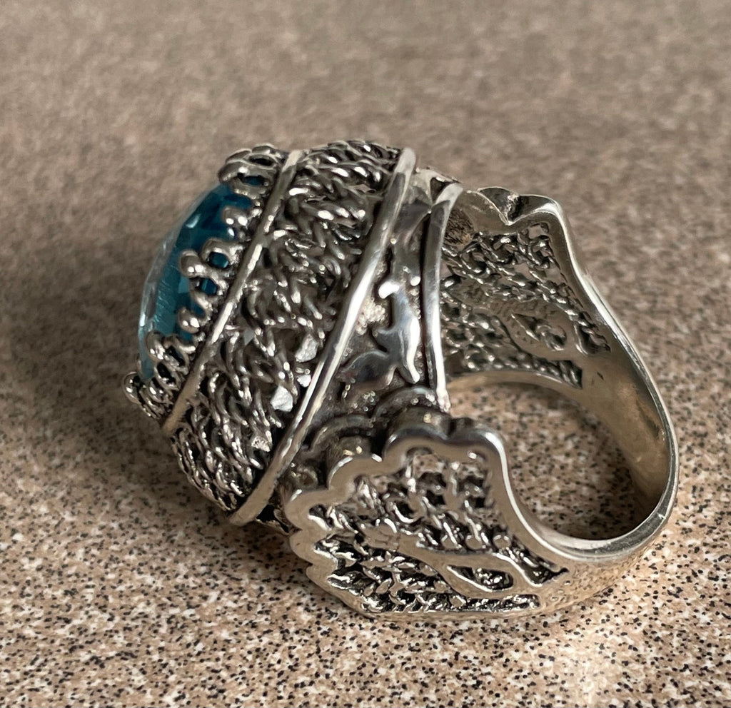 Beautiful Ladies High Setting Turkish Sterling Silver Aquamarine/Blue Topaz  Filigree Ring Size 6