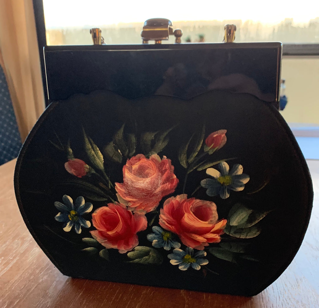 Beautiful Vintage Claire Fashions Hand Painted Roses Top Handle Purse