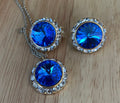 Stunning Rhinestone Rivoli Vintage Dark Blue Necklace  and Clip Earrings Set
