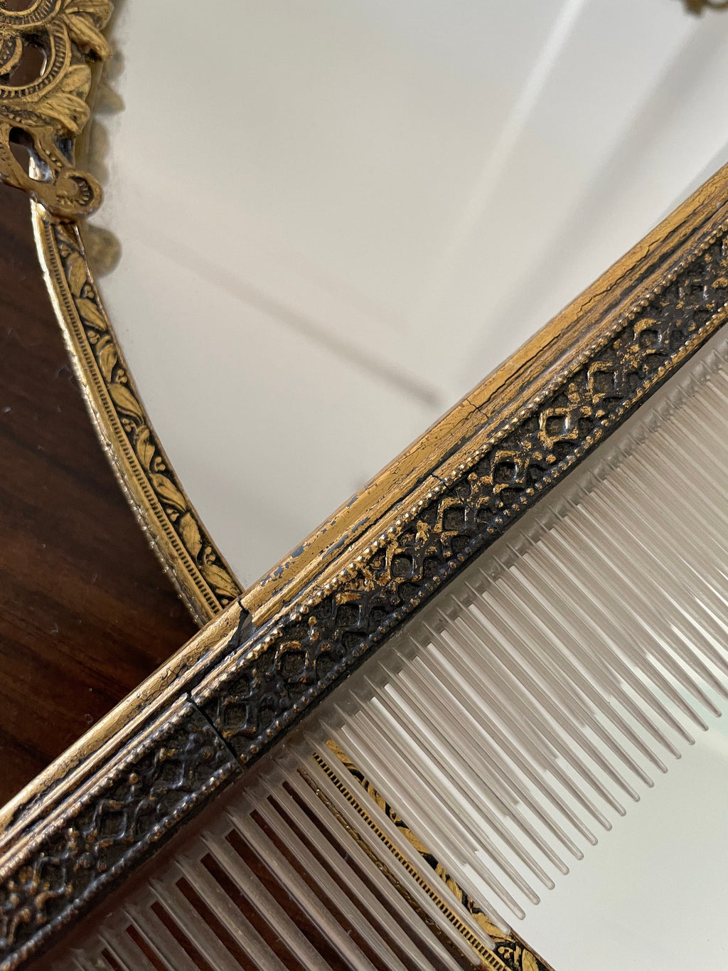 Beautiful Antique Victorian Ormolu Vanity Set Tray Comb Brush Jewelry Box Clock Soap Dish Glass and Holder Amber Rhinestones 8 Pieces