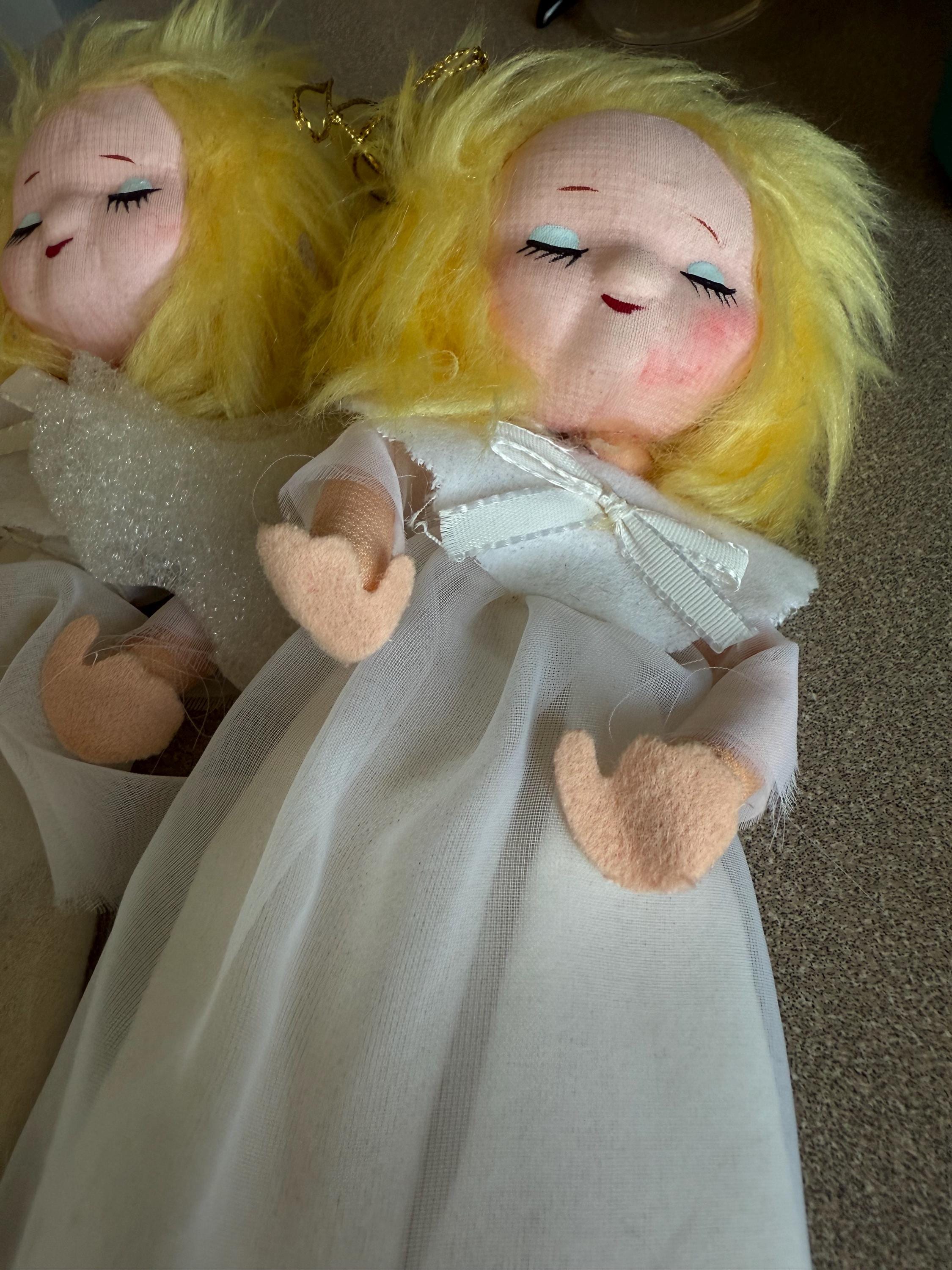 RARE Vintage Angel Pixie Christmas Tree Ornaments Lot of 2 Cloth with White
