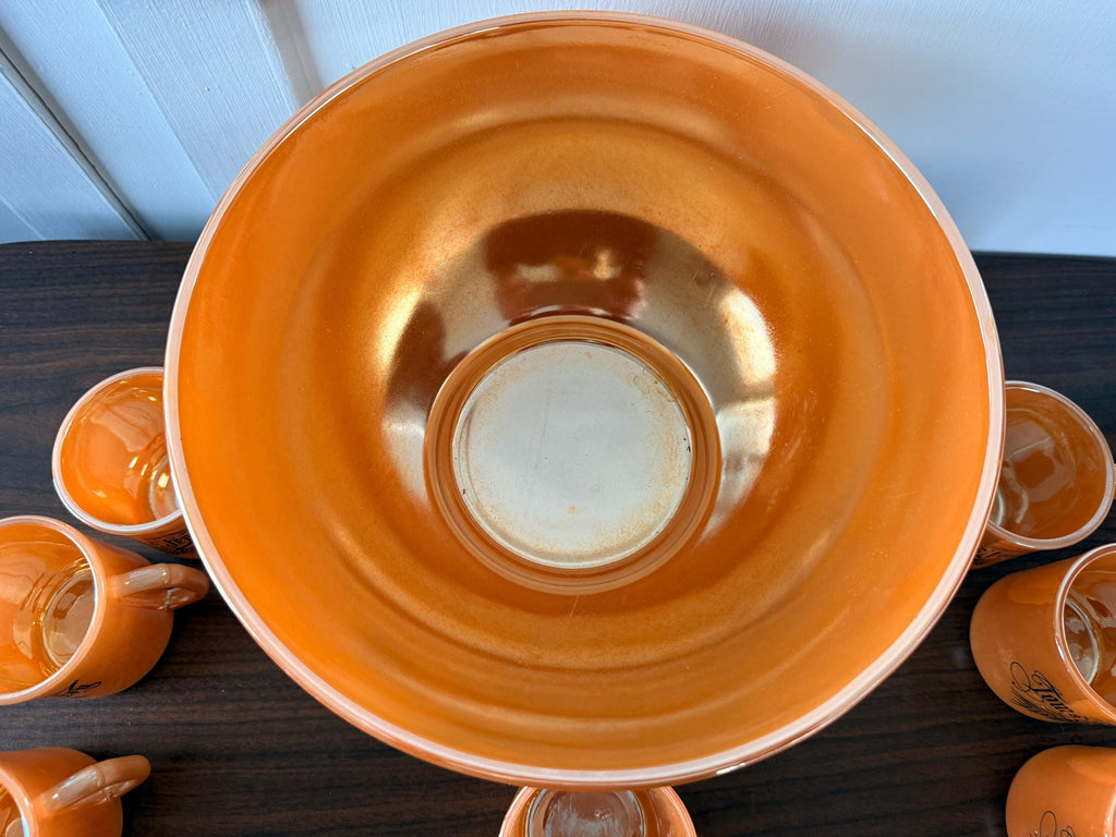Rare Hard to Find Tom and Jerry Peach Lusterware Fire King Punch Bowl with 9 Cups