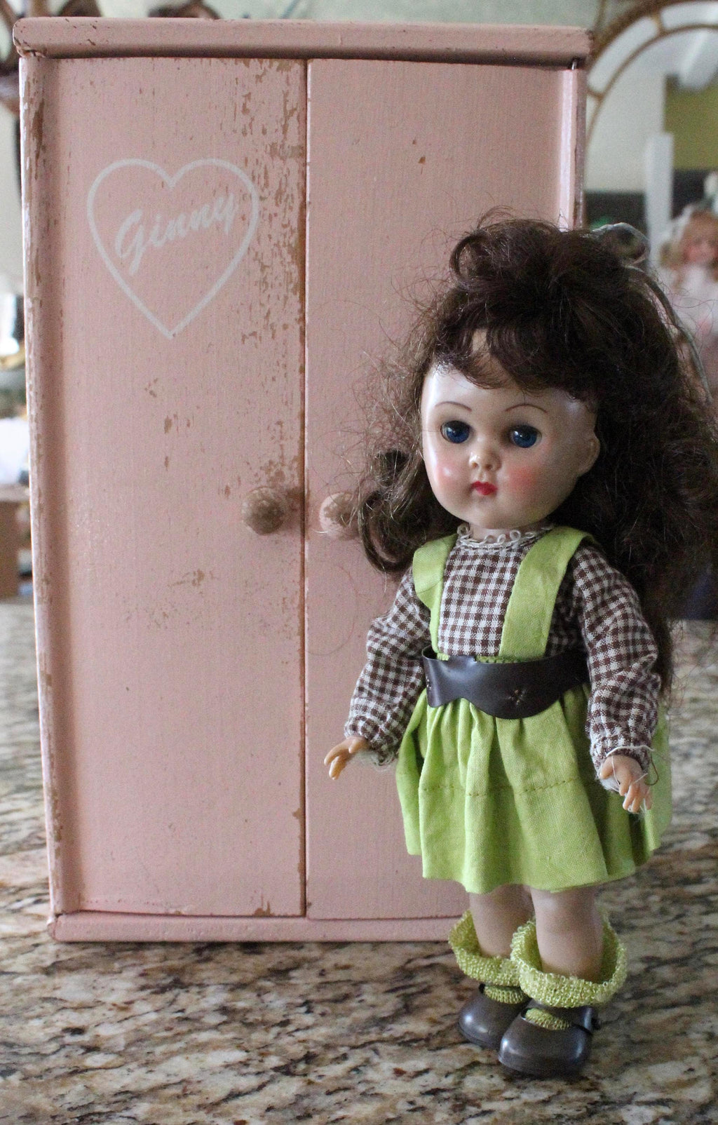 1950's Vogue Ginny Straight Leg Walking Doll Original Outfit With Pink Closet