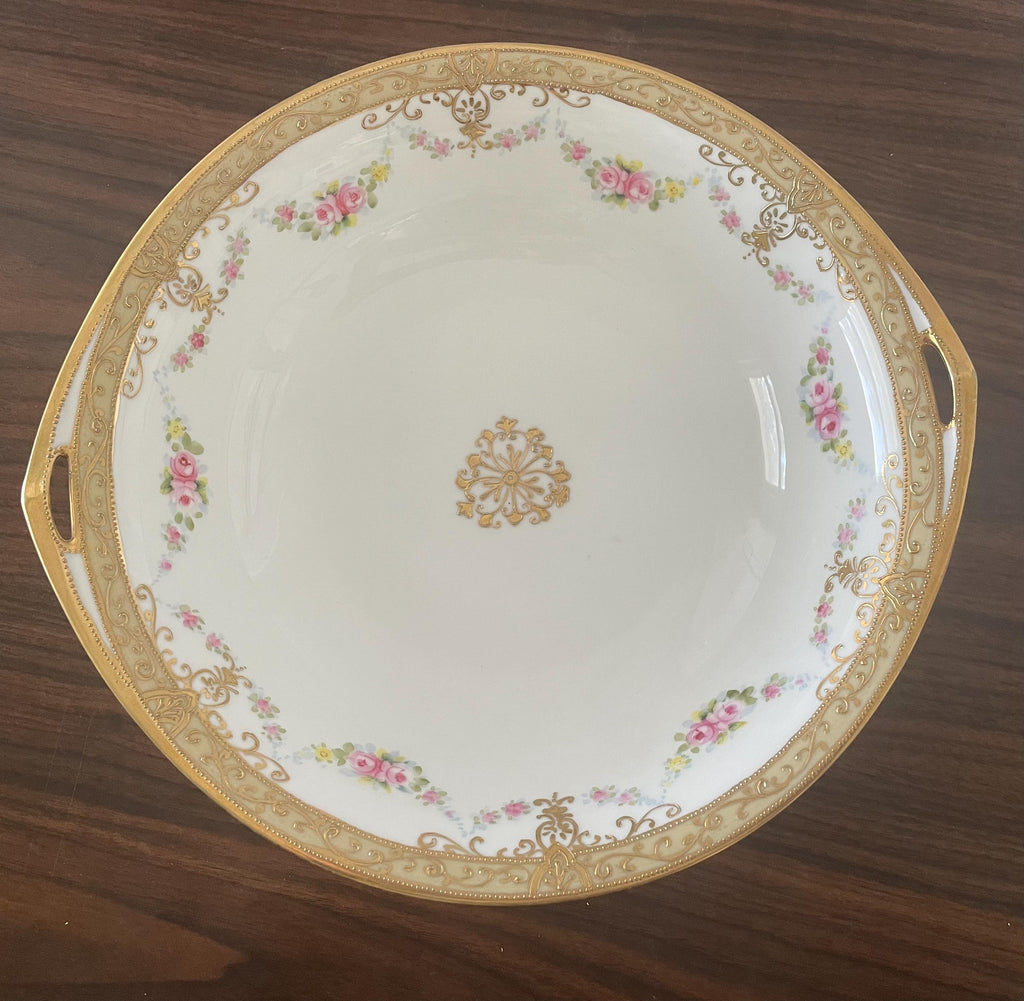 Antique Hand Painted Nippon Rose and Raised Gold Double Handle Serving Bowl