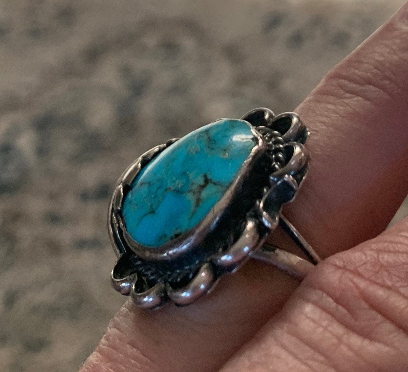 Beautiful Vintage Native American Pawn Silver Blue Turquoise Ring 7 1/2