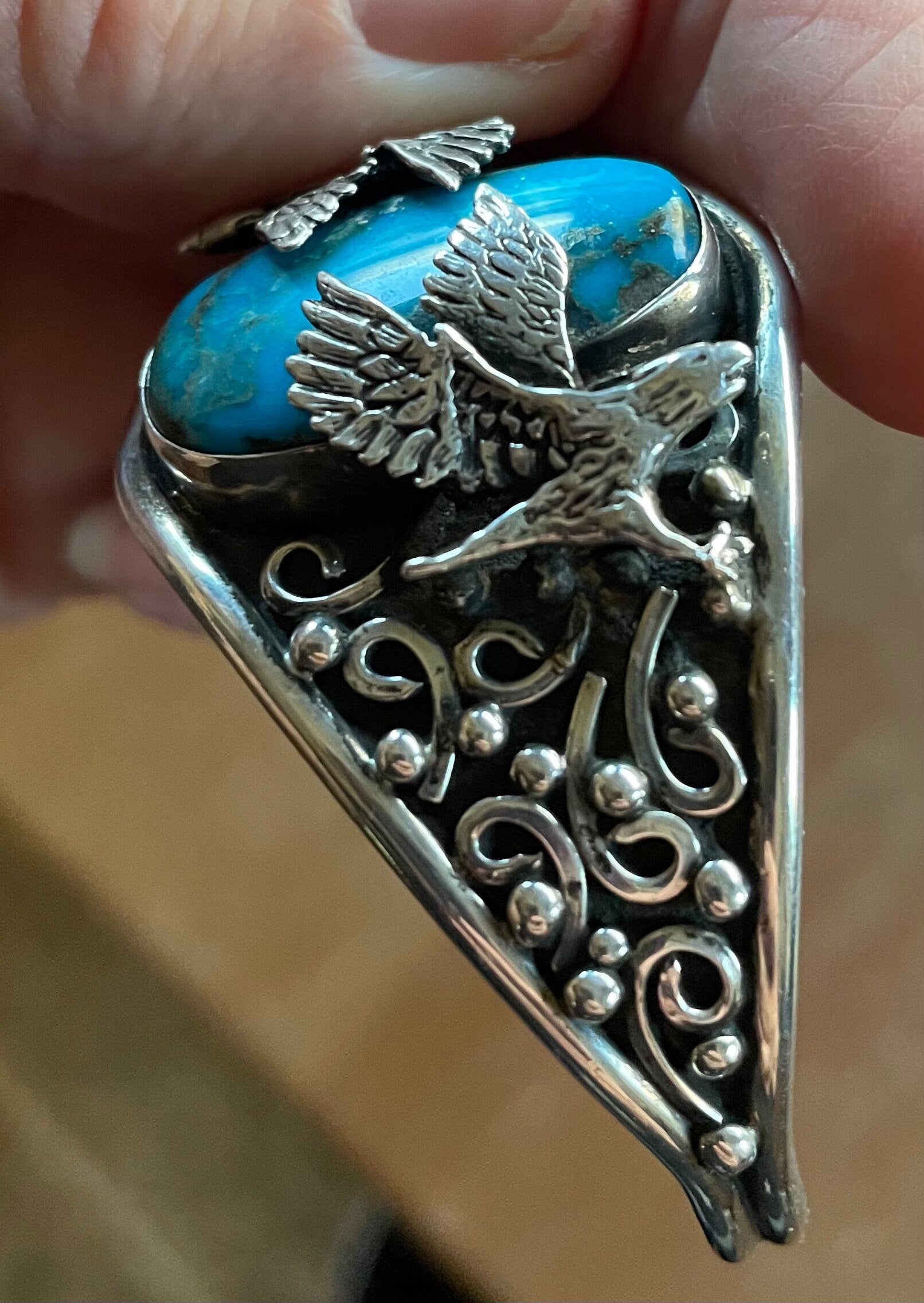 Native American Turquoise and Sterling Silver Cuff Bracelet Artist Signed With Eagles
