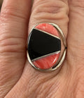 Beautiful Sterling Silver Unique Black Onyx and Pink Coral Taxco Mexico Ring Size 7 1/2