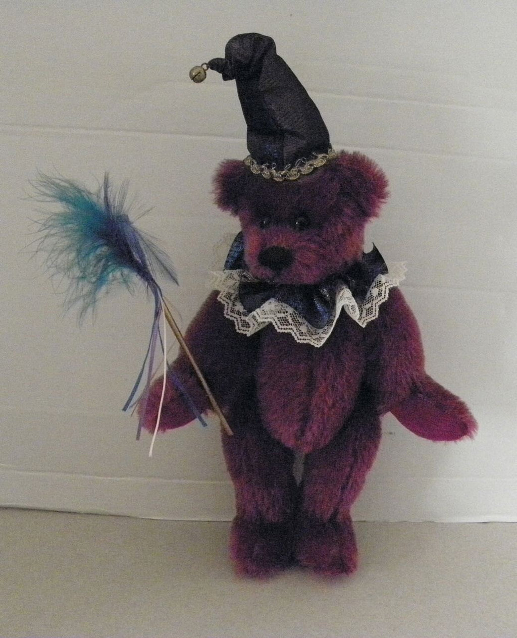 Jointed Fuzzy Jester Red/Burgundy Artist Donna Hodges Mohair Teddy Bear 13"