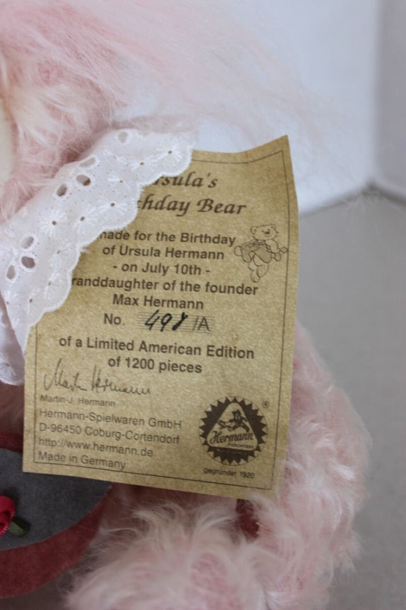 MIB 12" Hermann Pink Mohair Ursula's Birthday Bear Limited Edition w COA Germany