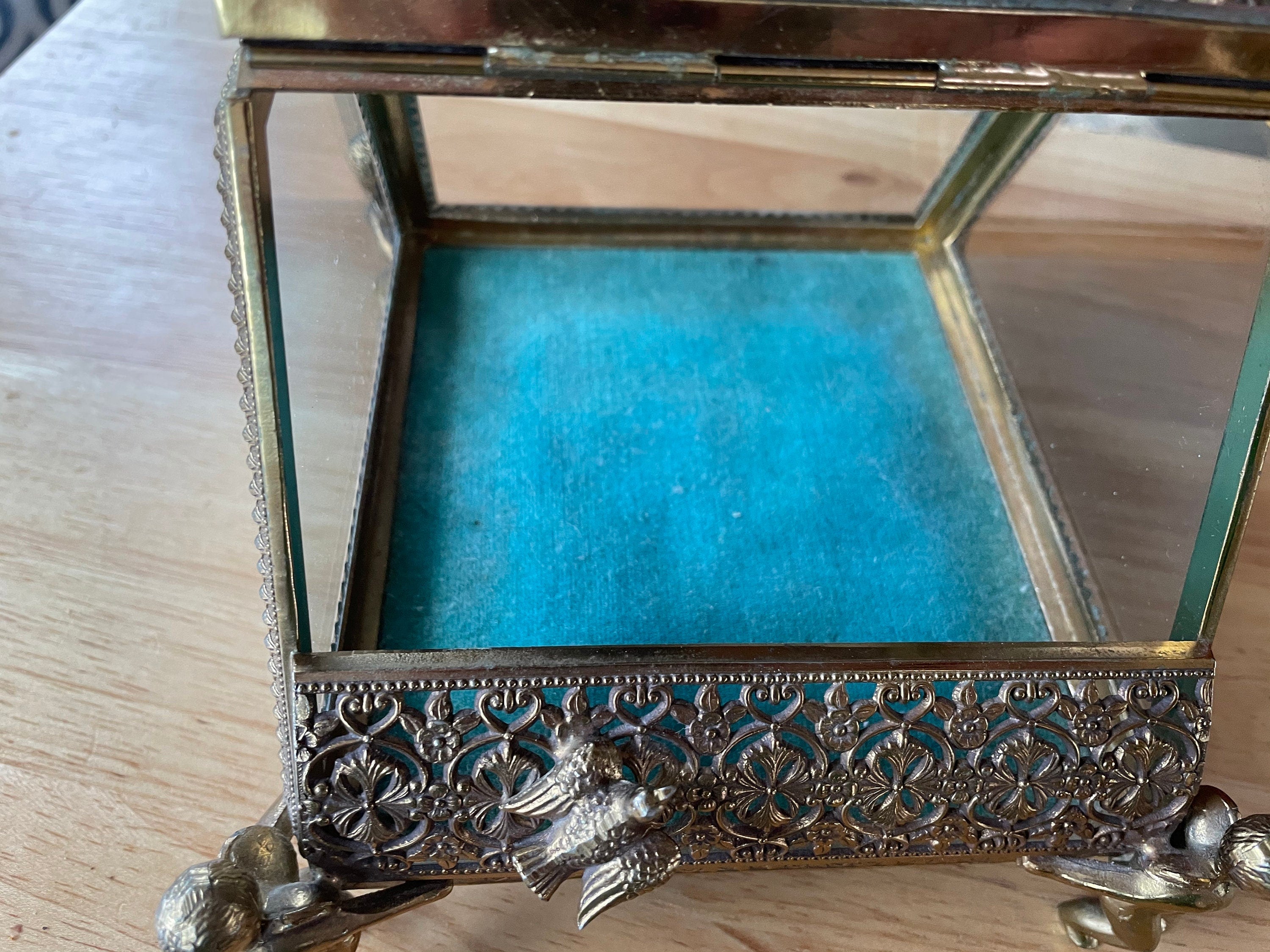 Beautiful Ornate Gold Gilt Ormolu Vanity Casket Jewelry Box w Cherubs and Birds