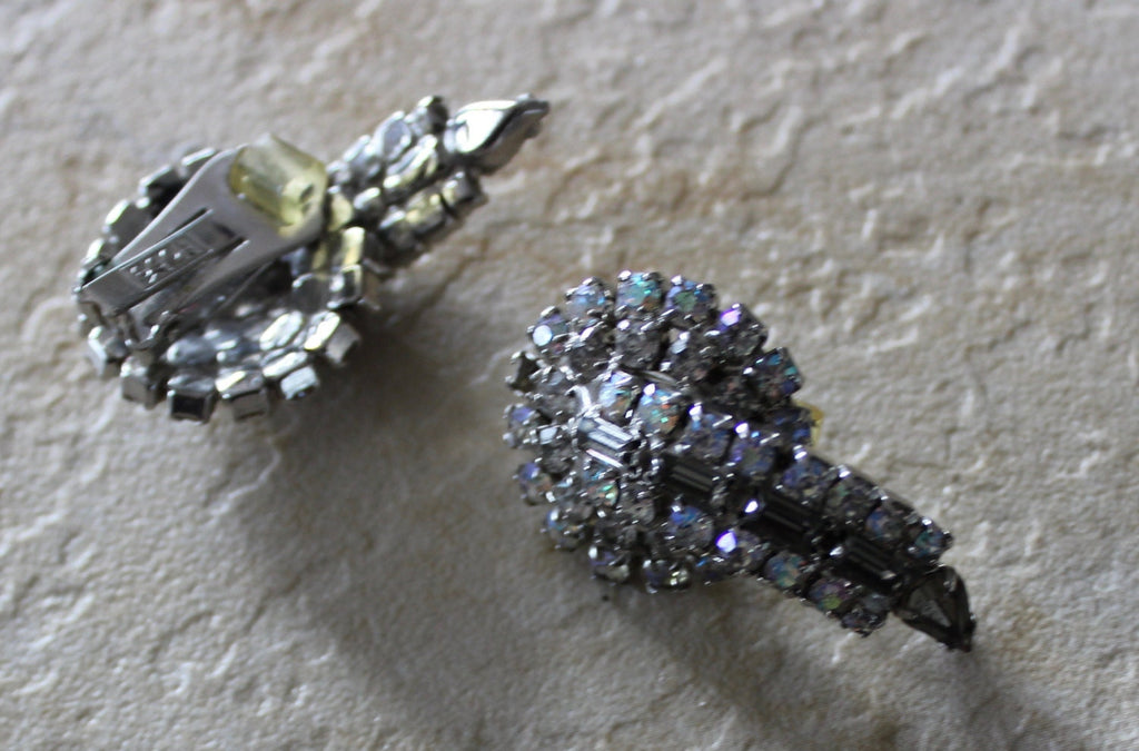 Stunning Antique Clear Rhinestone Signed Hobe Clip Earrings