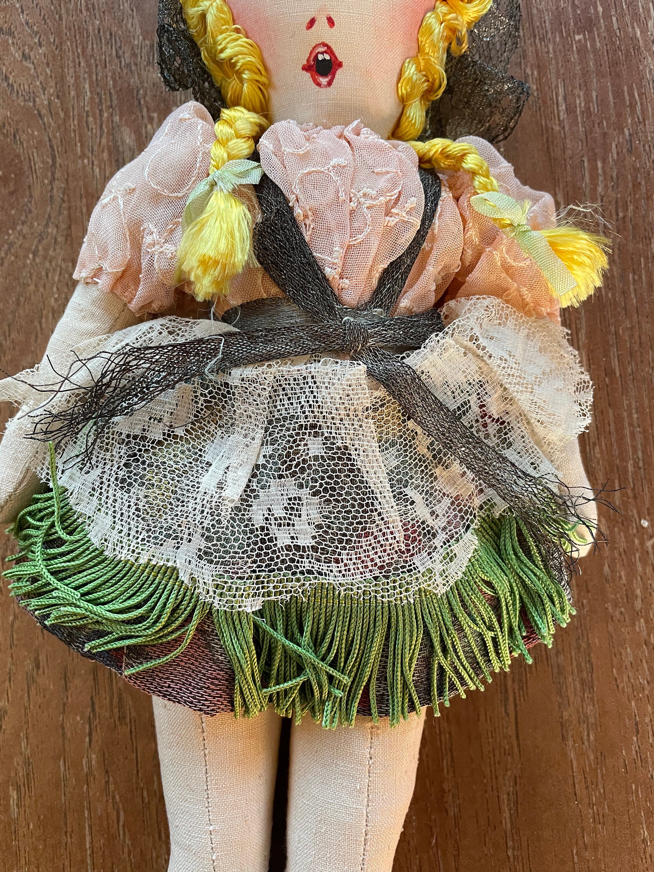 Antique WWII Hand Painted Cloth Doll Made in France Signed Alastian