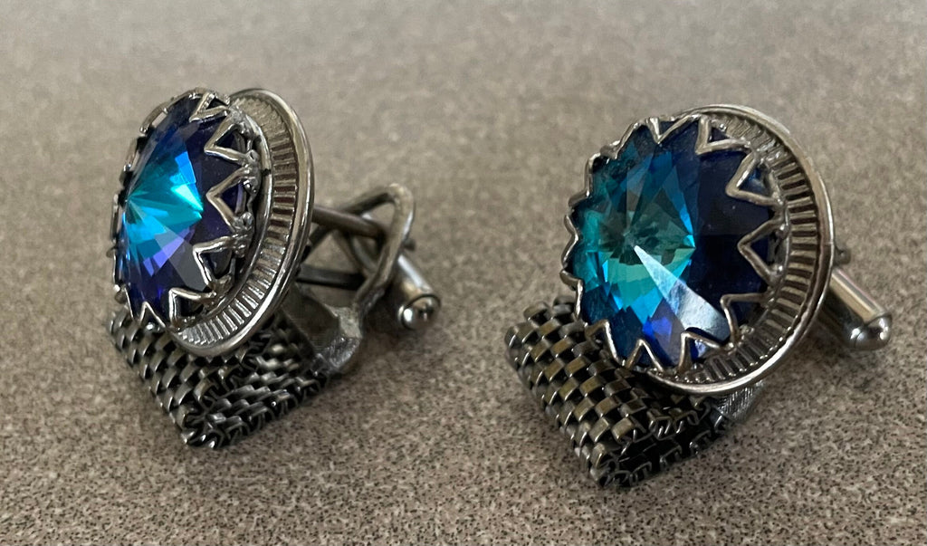 Stunning Vintage Dark Blue Watermellon Rivoli Rhinestone Men's Cuff Links Set Silver Tone Metal 60's Glam