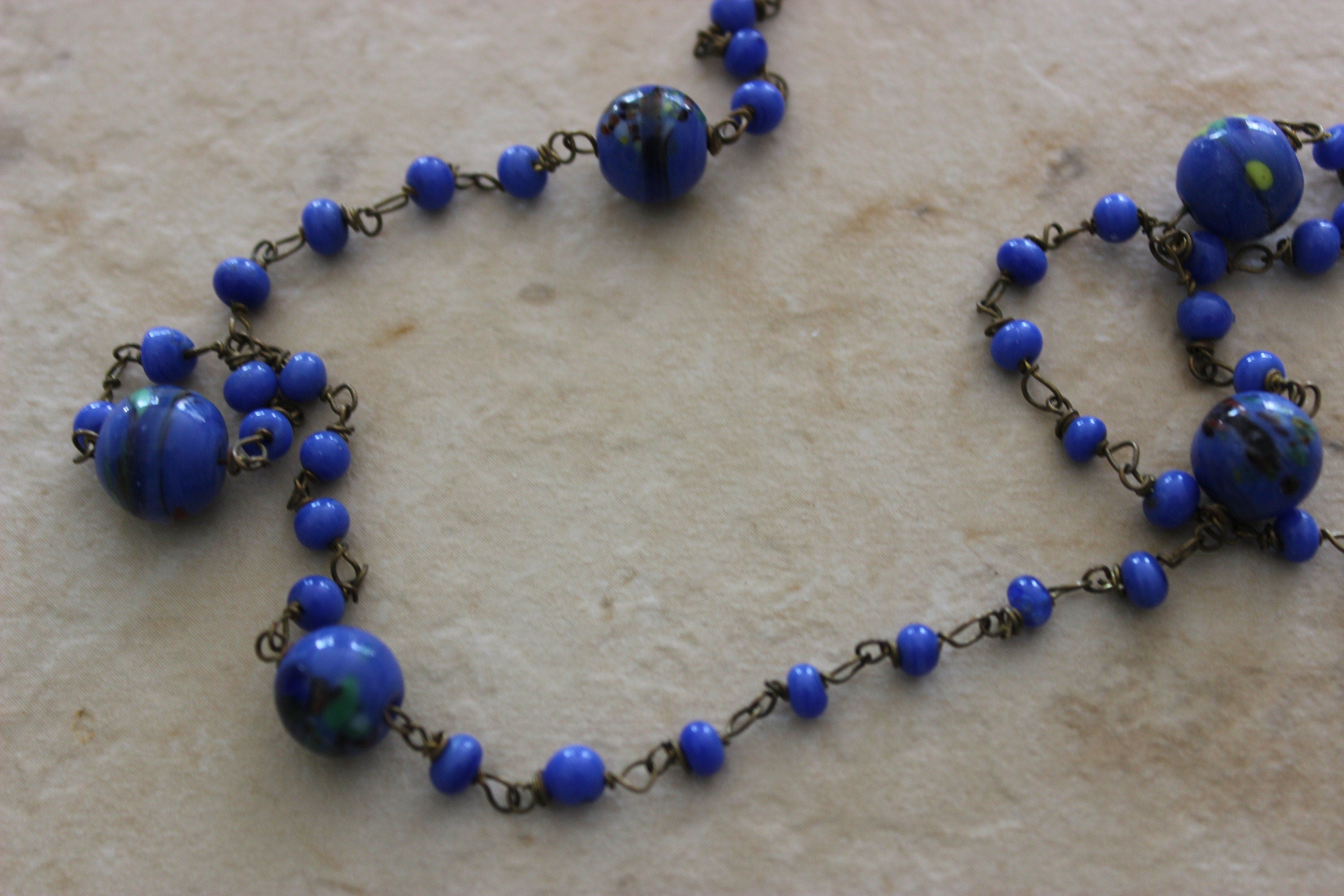Vintage Cobalt Blue Color Venetian Millefiori Necklace Murano Glass Italian