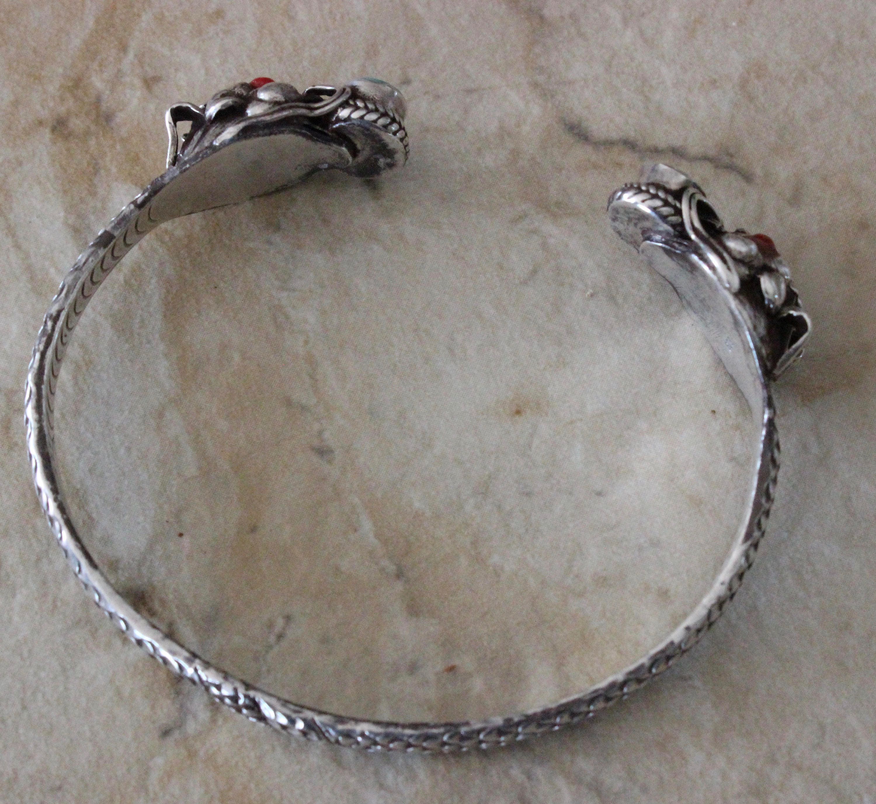Vintage Unique  Sterling Silver Turquoise and Coral Dragon Cuff Bracelet