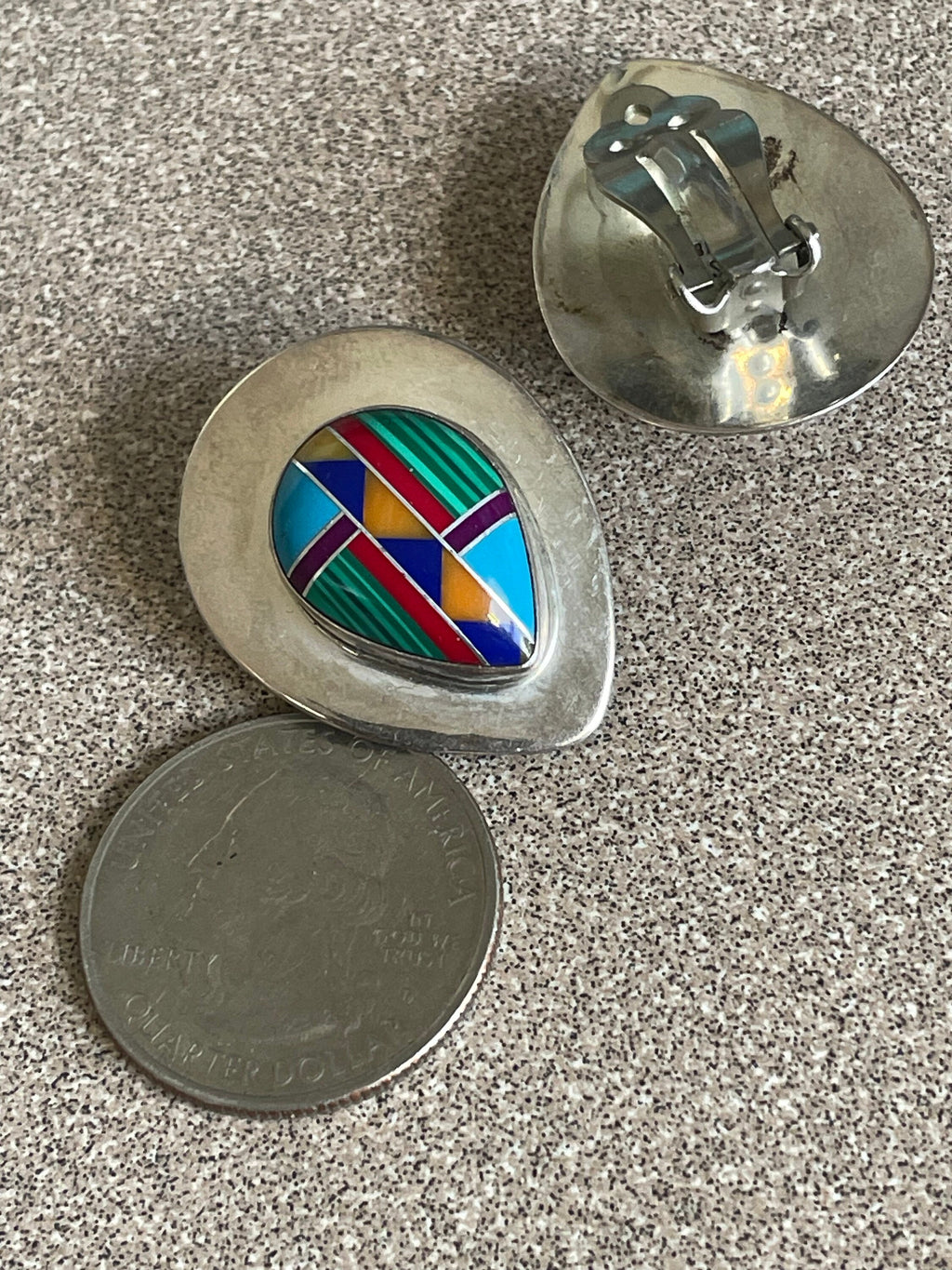 Beautiful Artist Signed Native American Zuni Sterling Silver Clip Earrings