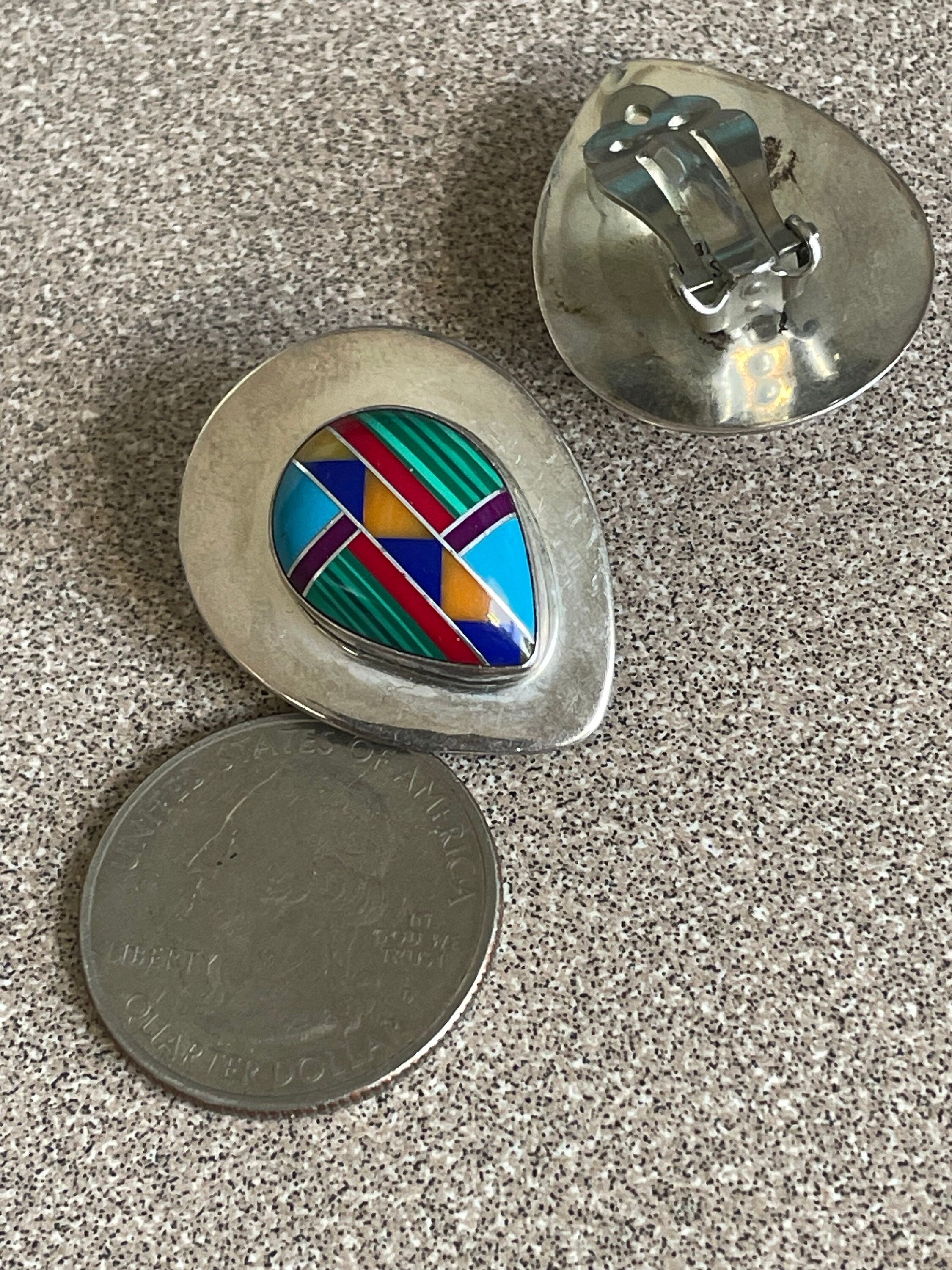 Beautiful Artist Signed Native American Zuni Sterling Silver Clip Earrings