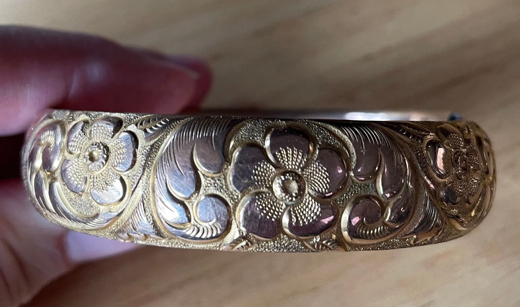 Antique Victorian 12k Gold Filled Hinged Bracelet with Floral Gilt Design