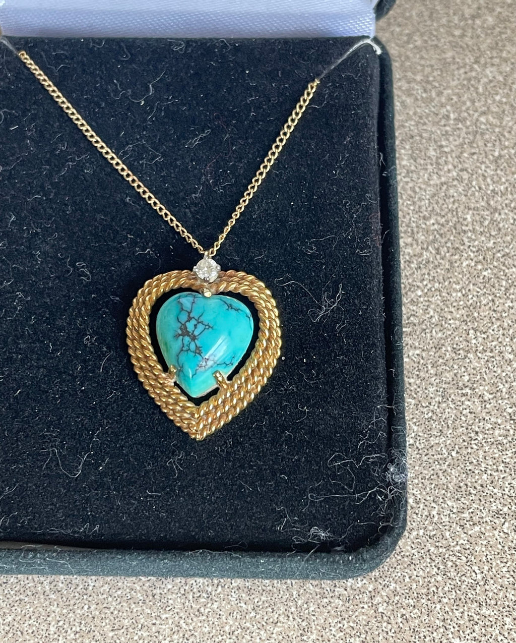 Beautiful Artist Signed 18k Gold Diamond Turquoise Heart Pendant Necklace with 14k Gold Chain