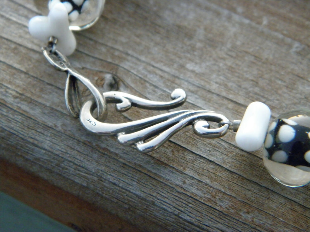 Beautiful Black and White Murano Glass Beads with Sterling Dragonfly Necklace  Artist Design
