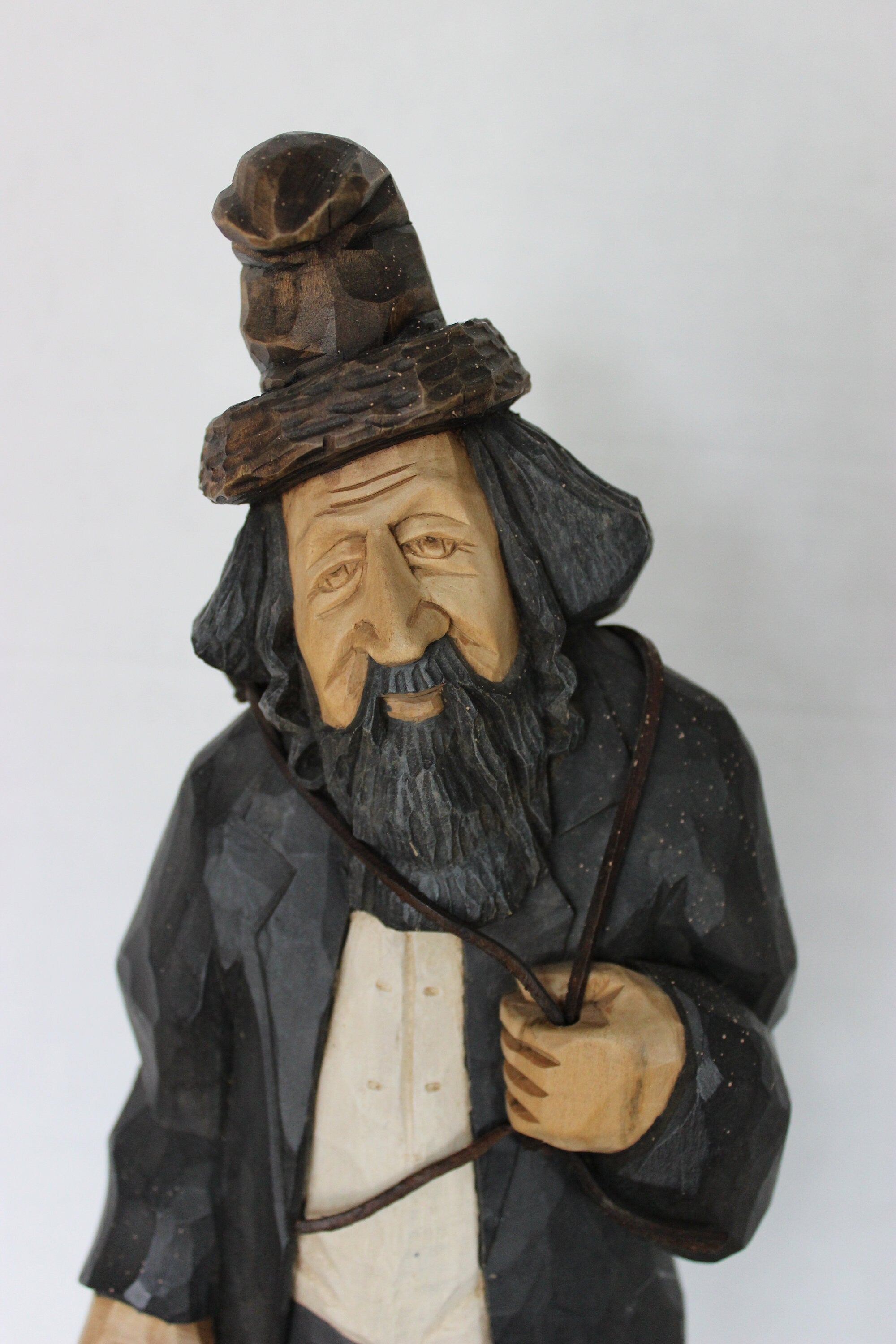 Unique Artist Signed Carved Wood Bearded Man Signed Krakow 1994