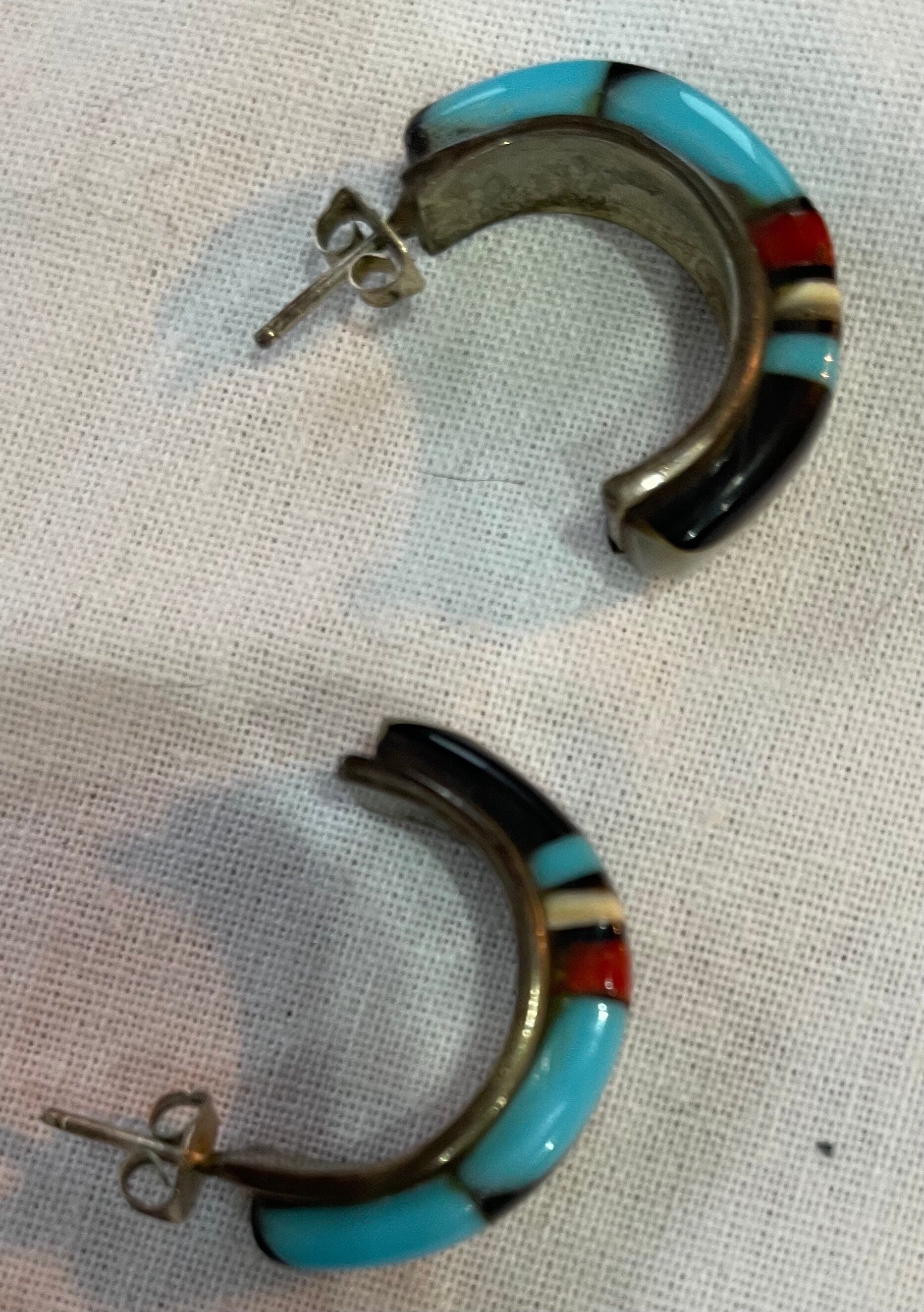 Beautiful  Native American Zuni Sterling Silver Hoop Earrings