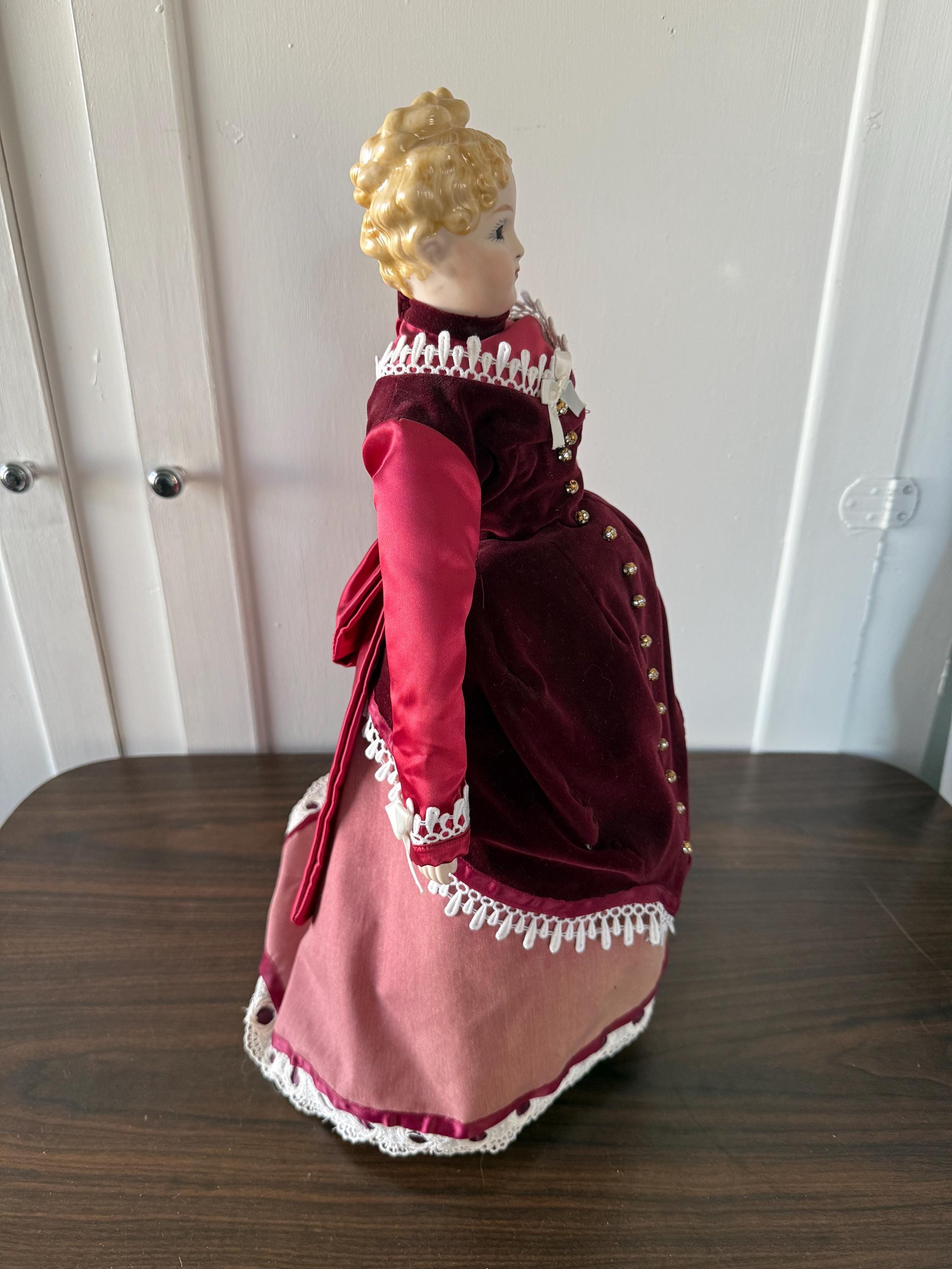 Antique 21" German Parian China Head doll Reproduction with Handmade Ruby Velvet and  Lace Dress Brown Glass Eyes