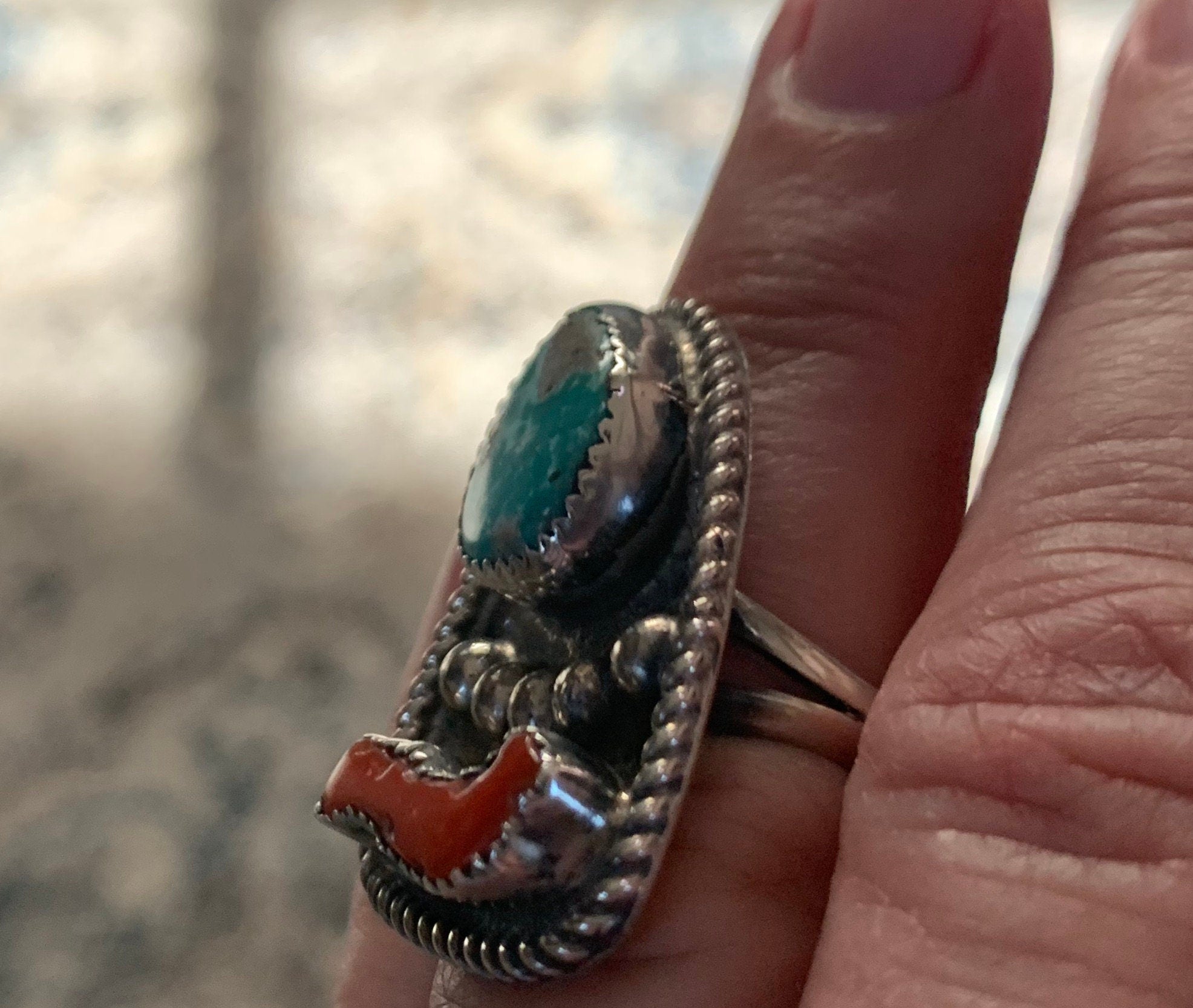 Vintage Large Native American Turquoise and Coral Sterling Ring Size 6