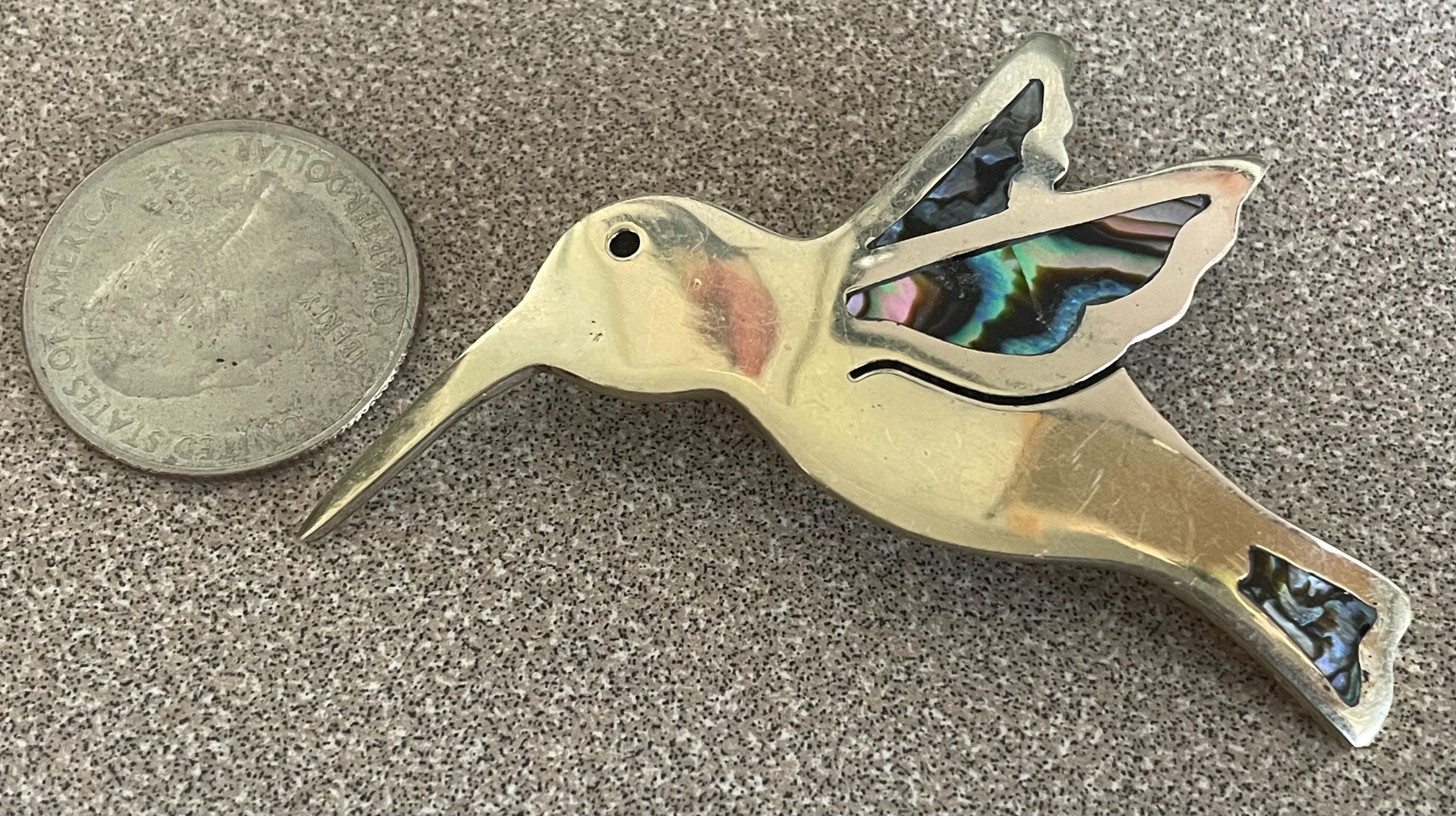 Beautiful Colorful Taxco Abalone and Alpaca Silver Hummingbird Brooch Pin