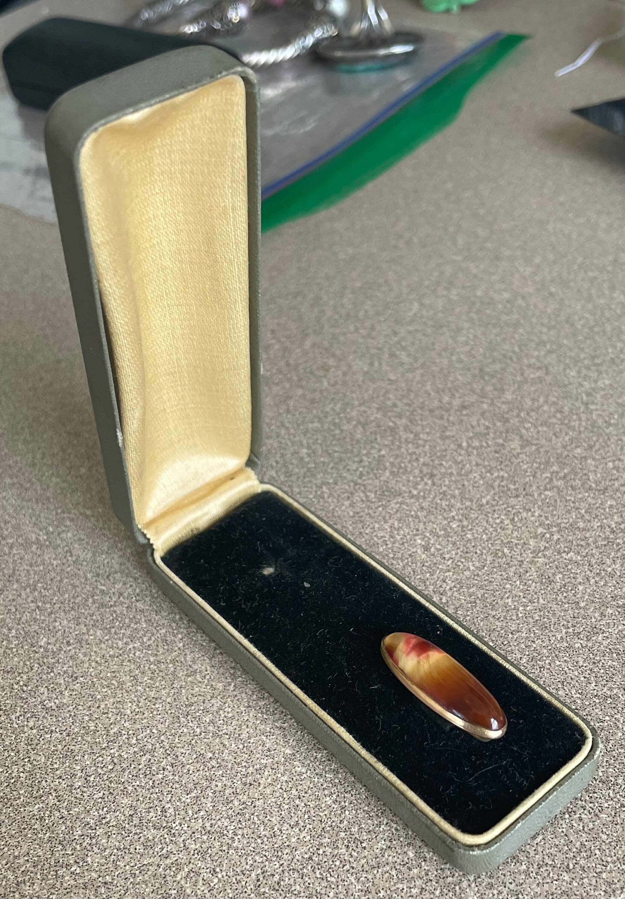 Antique 10k Gold Red and Yellow Agate Stone Gold Hat Pin  Original Box