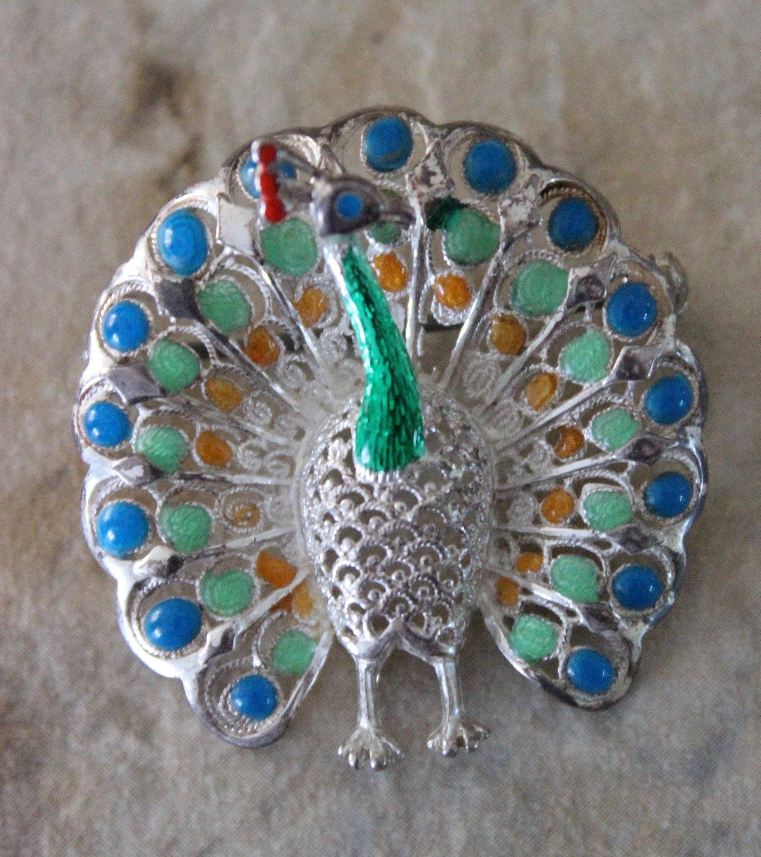 Beautiful Vintage Enamel Sterling Silver Peacock Brooch Pin Marked Germany