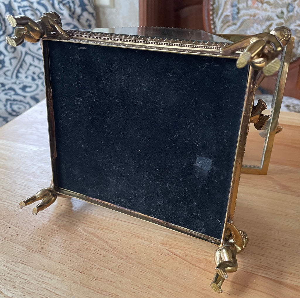 Beautiful Ornate Gold Gilt Ormolu Vanity Casket Jewelry Box w Cherubs and Birds