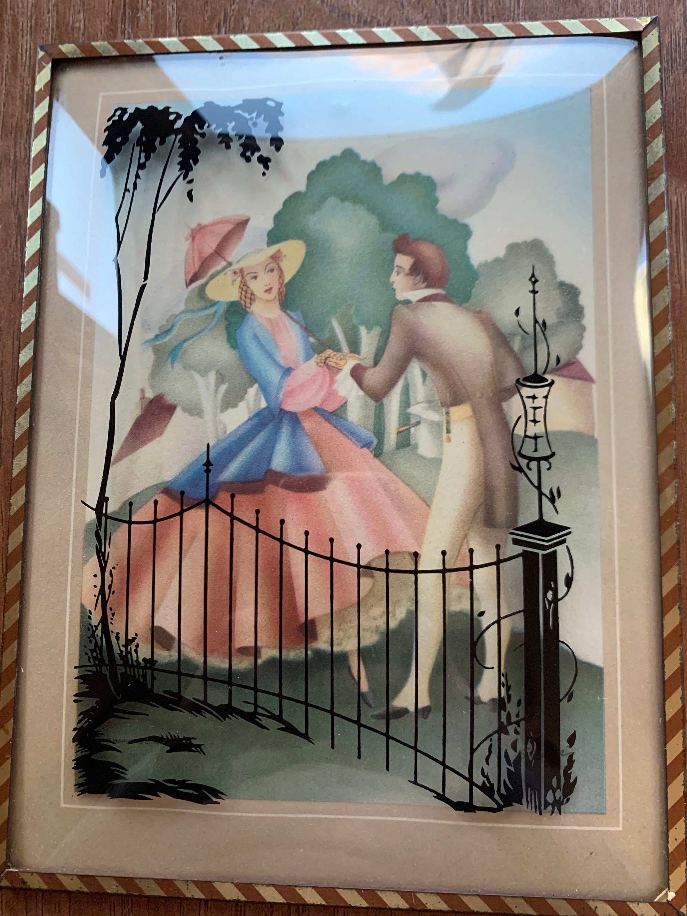 3 Beautiful Vintage Victorian Lovers Silhouette Pictures with Convex Glass