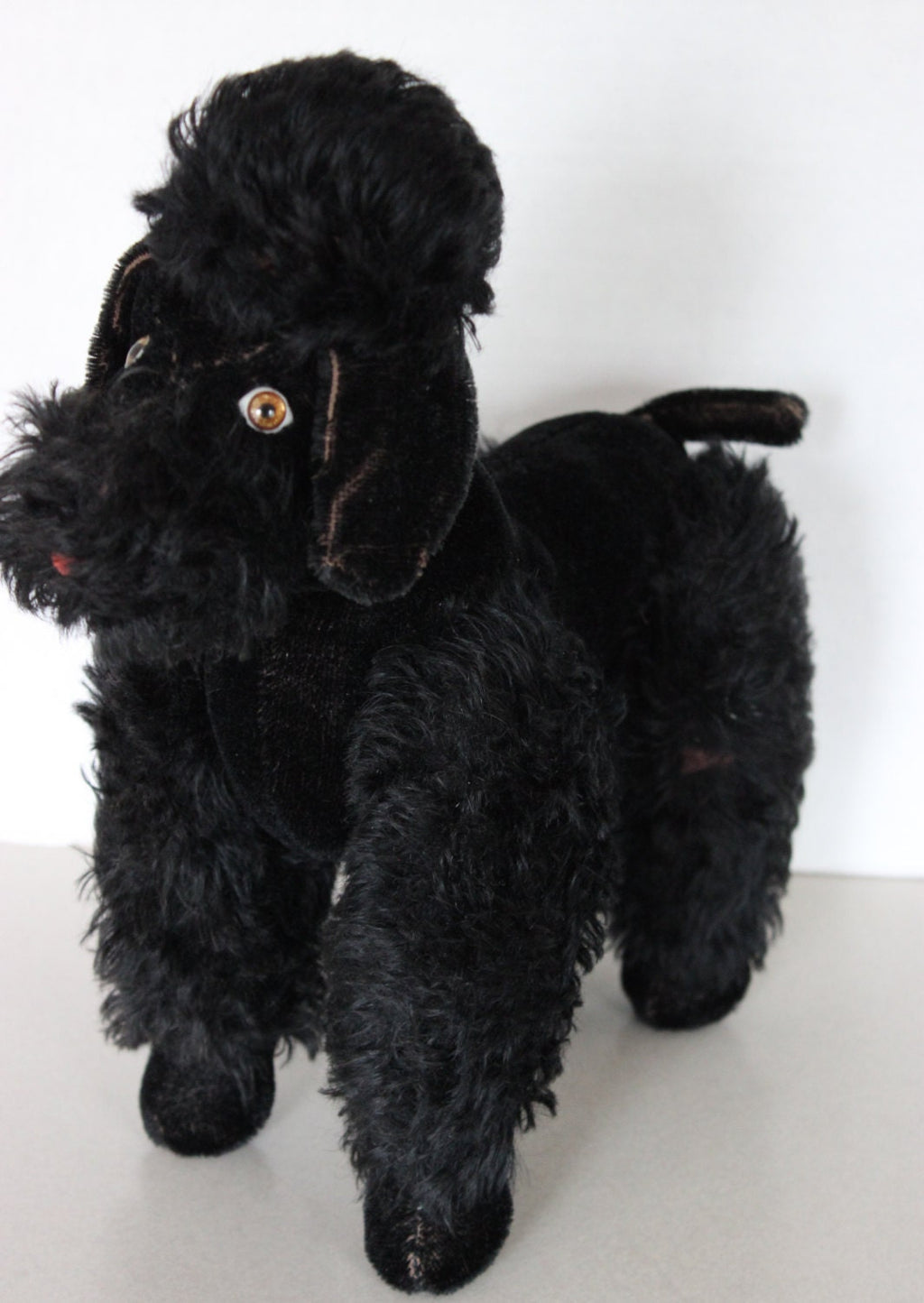 Fully Jointed Large 1940's Steiff Like Black Mohair Poodle Dog with Glass Eyes  13" Long