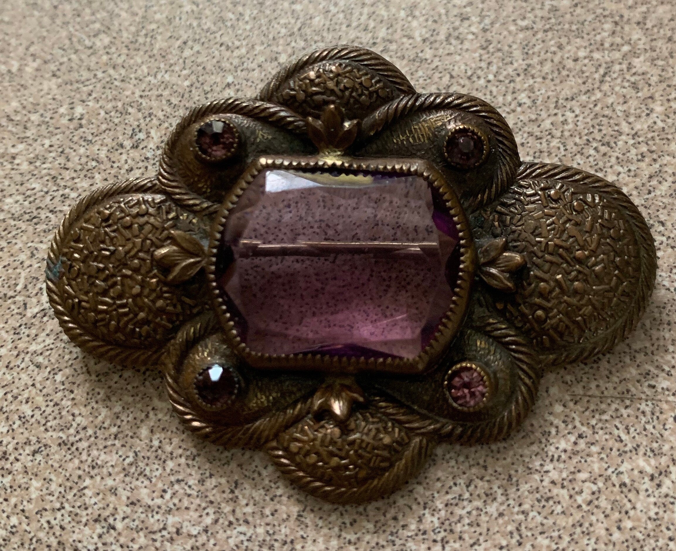 Vintage Antique Brass and  Amethyst Deco Brooch Pin