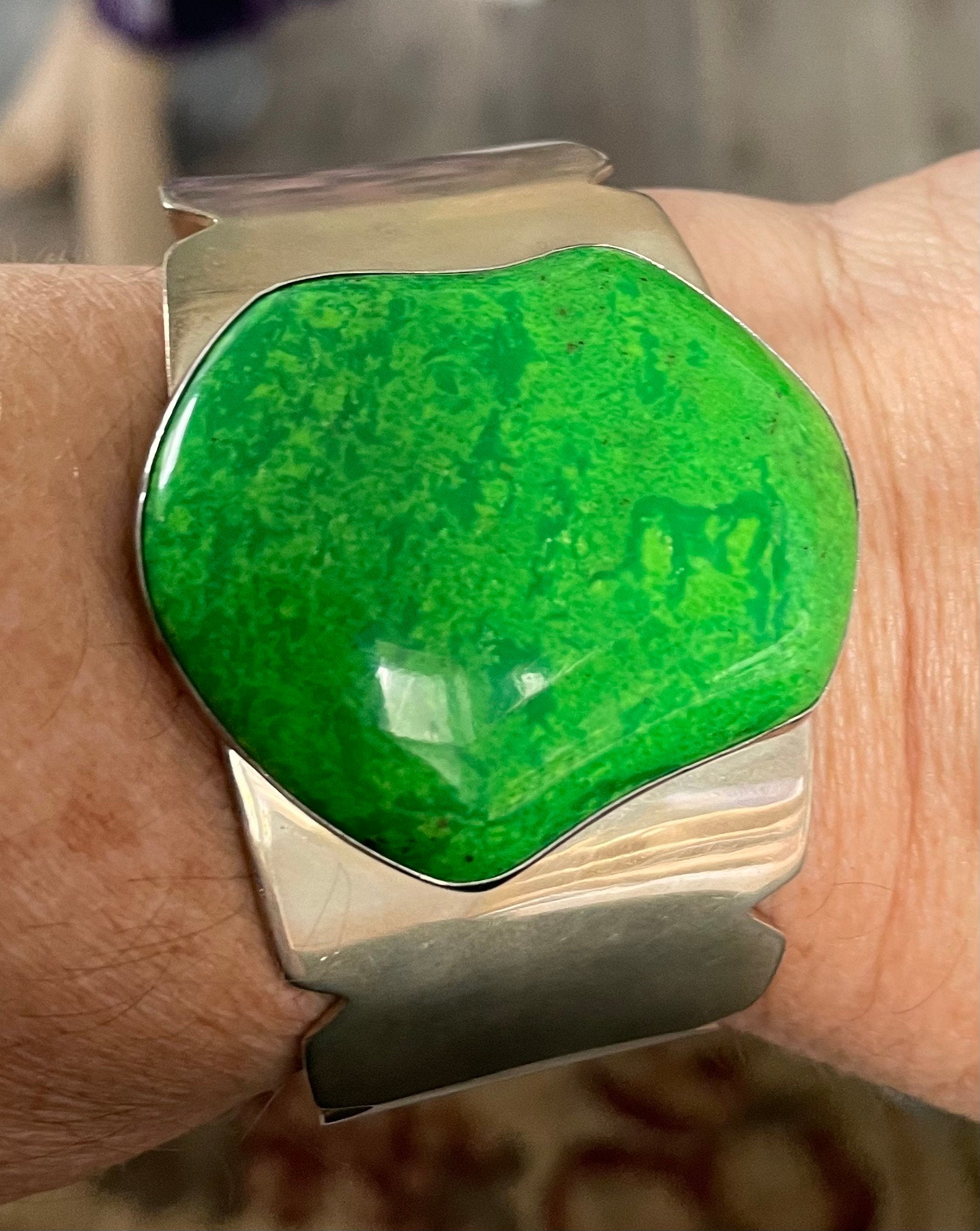 Unique Large Green Turquoise Jay King Desert Rose Cuff Bracelet Stamped DTR