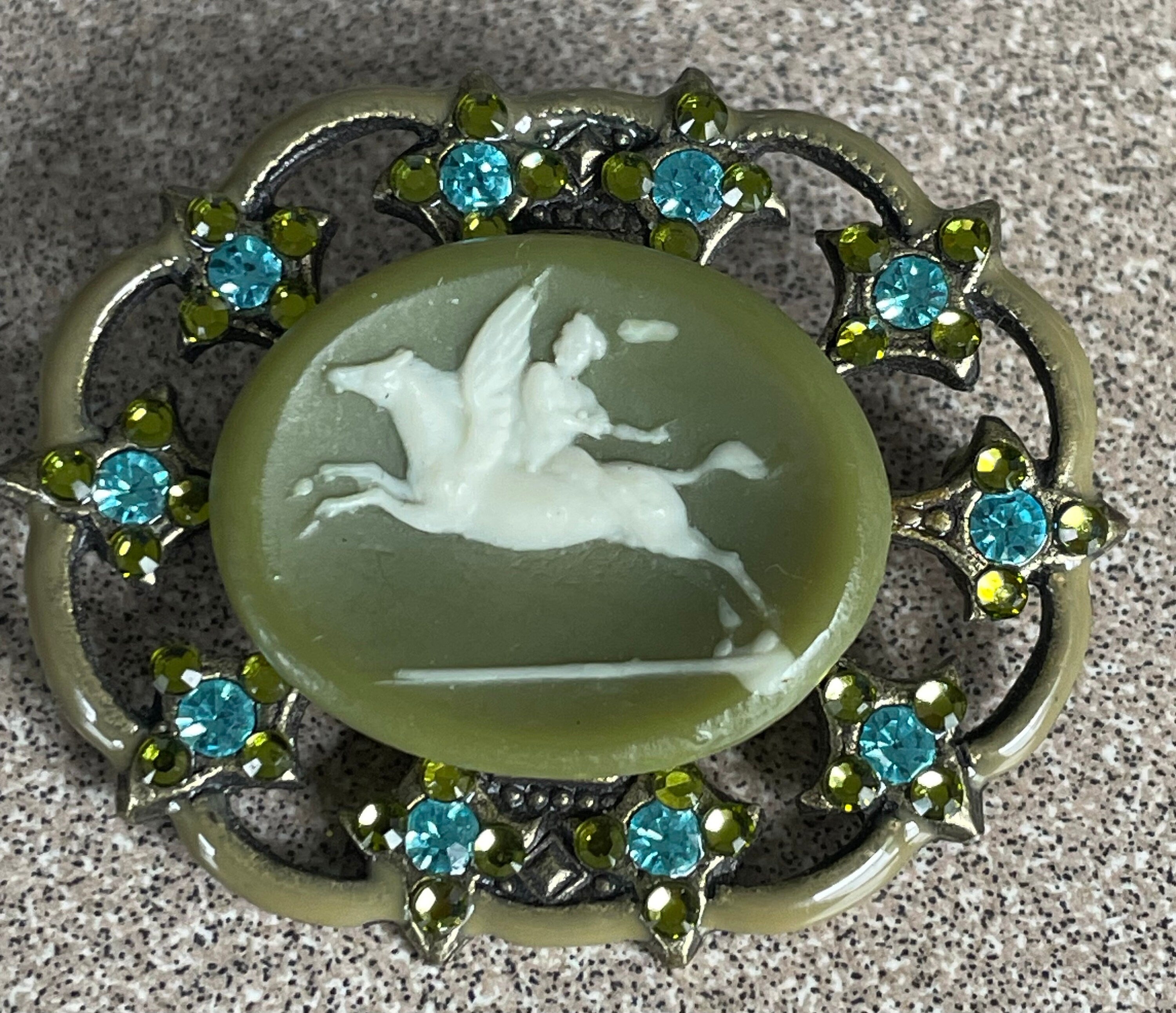 Unique Green Enameled Pegasus Horse Cameo Brooch Pin Artist Signed Anne Koplik Designs with Blue Rhinestones
