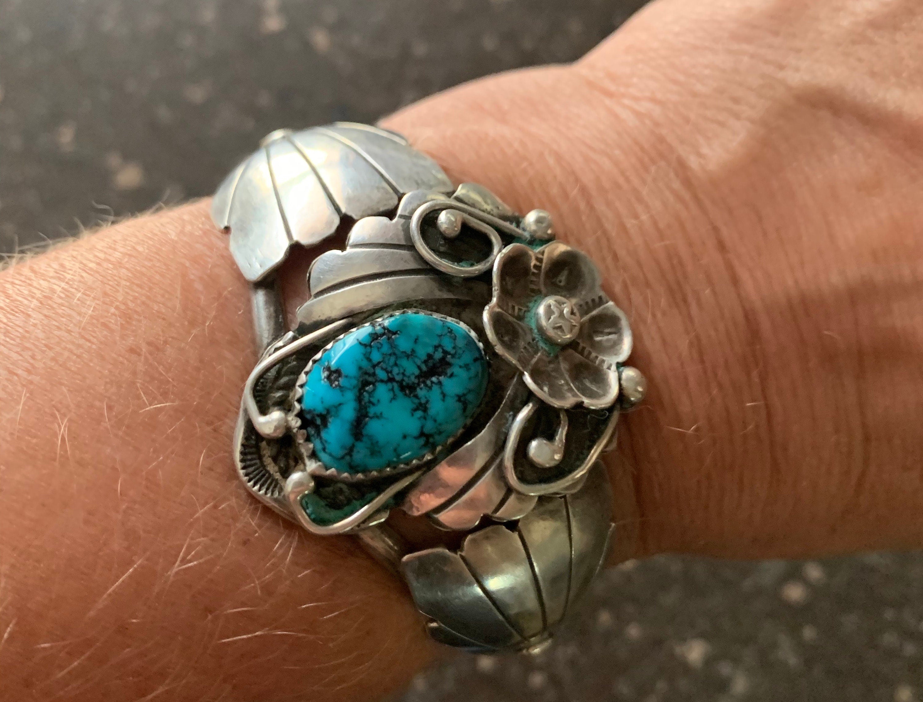 Vintage Native American Sterling Silver Turquoise Cuff Bracelet Signed JB
