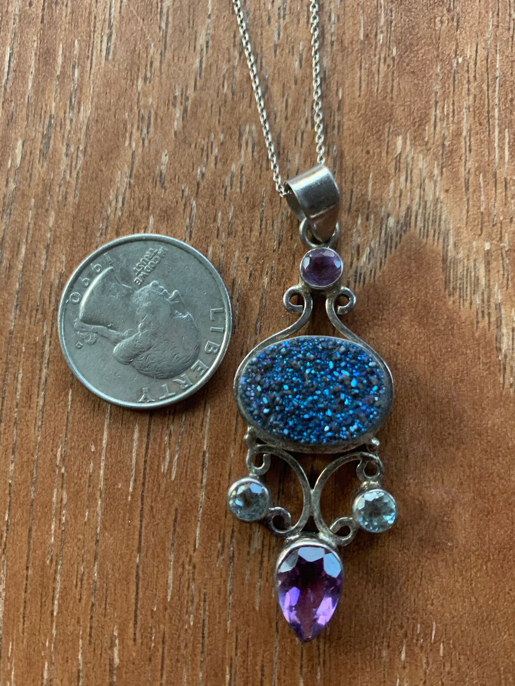 Beautiful Unique Sterling Silver Titanium Druzy Amethyst Pendant Necklace