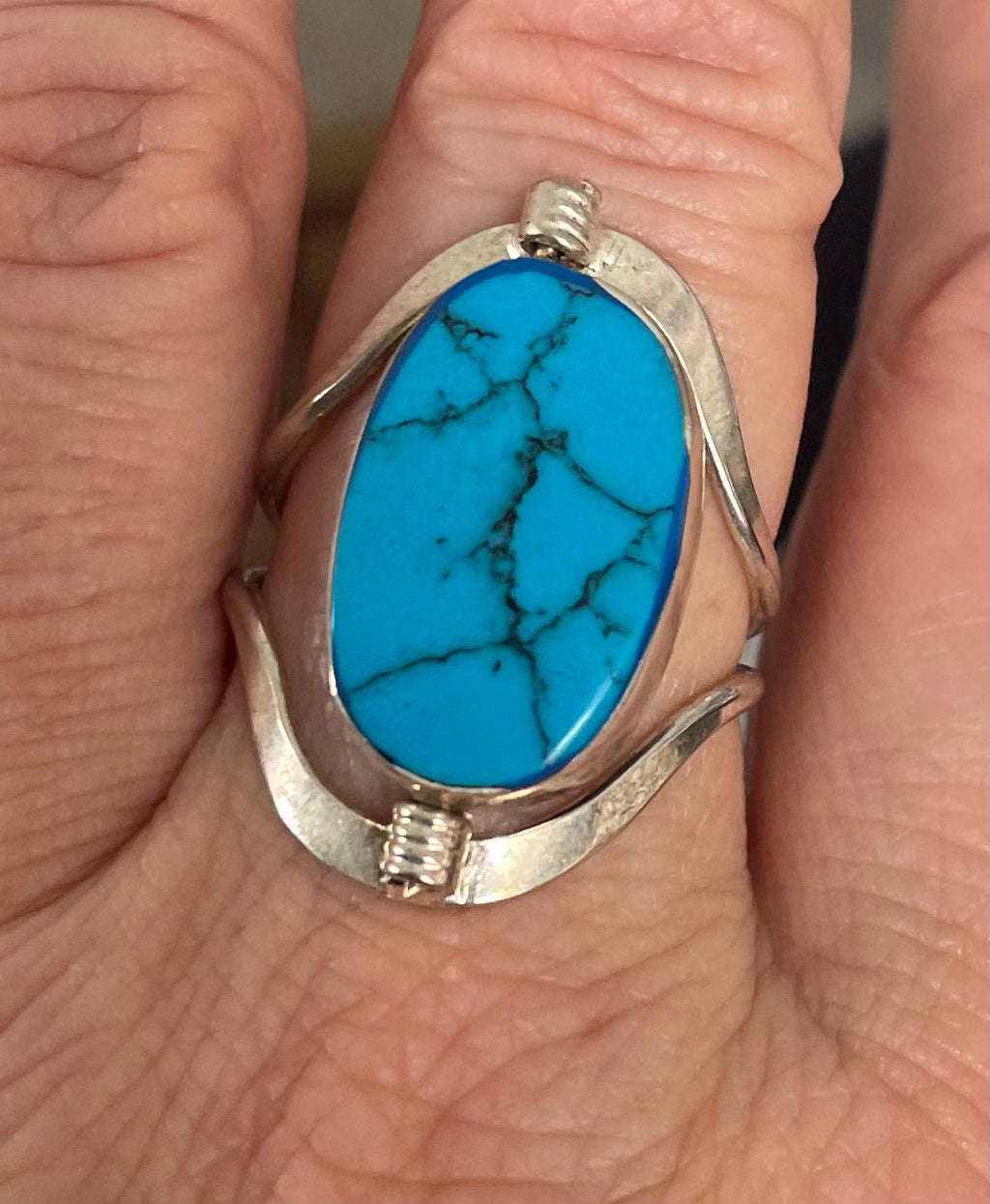 Vintage Unique Sterling Silver Foil Opal and Turquoise Spinner Double Sided Ring Size 9 1/2