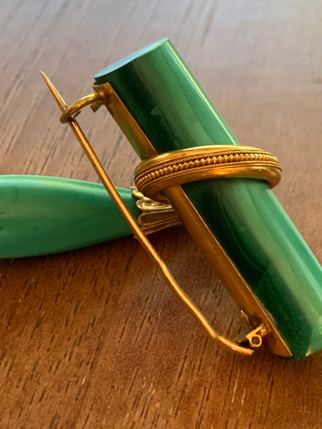 Super Rare 22k Gold Malachite Deco Brooch Pin made in France Stamped