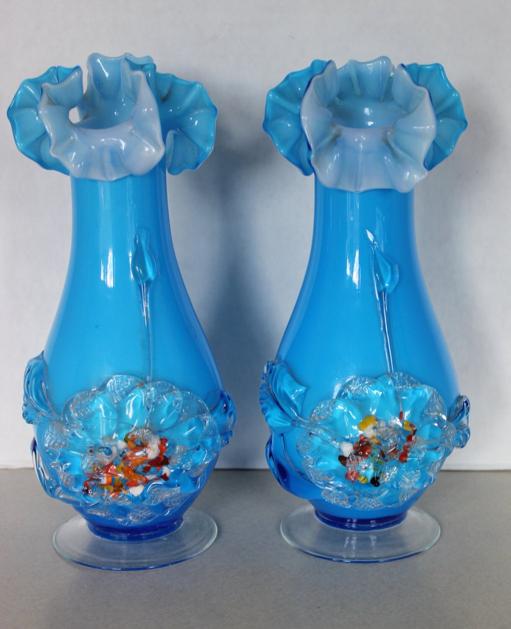 Rare Vintage Pair of Blue Stevens & Williams Hand Blown Vases w Ruffle Tops