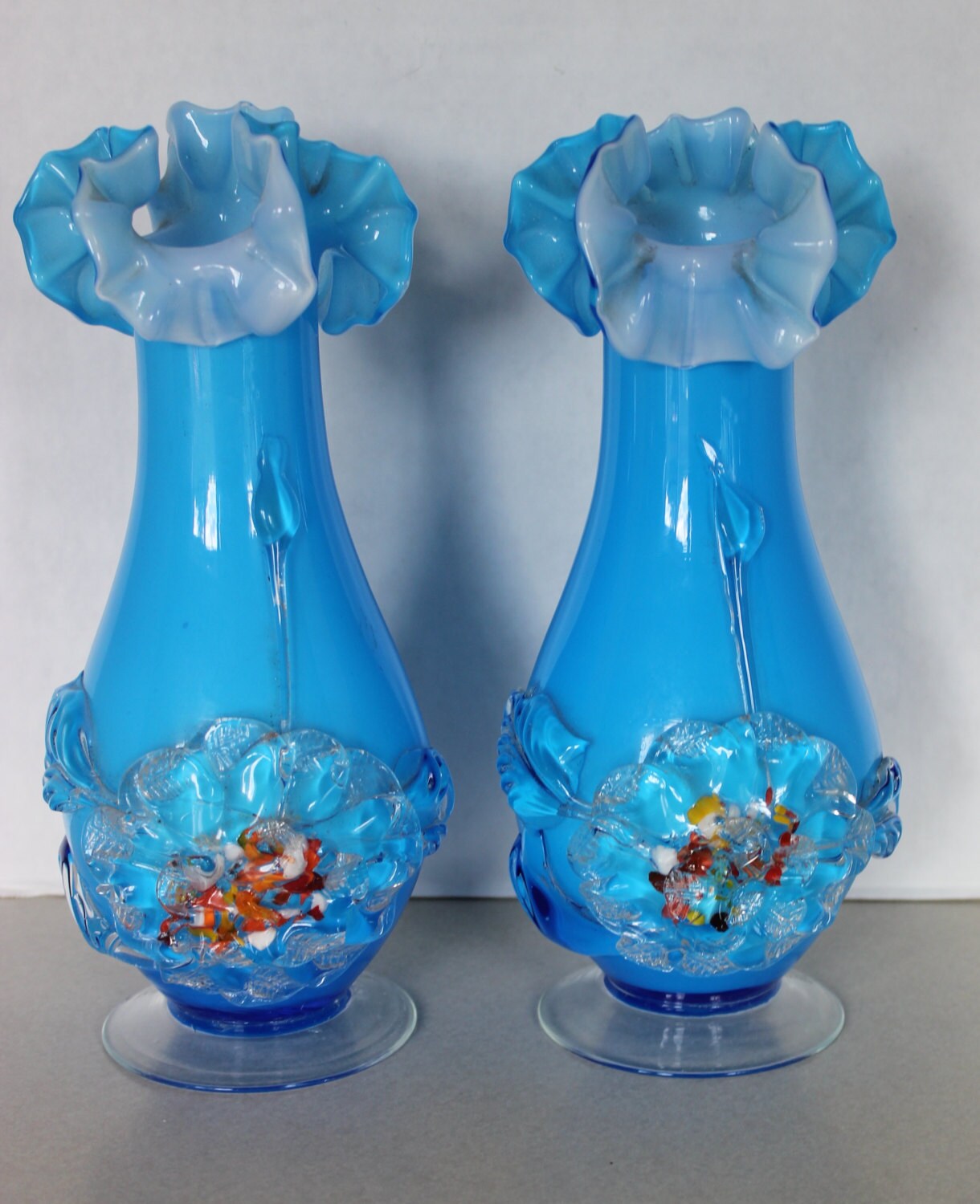 Rare Vintage Pair of Blue Stevens & Williams Hand Blown Vases w Ruffle Tops